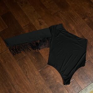 Black One-Shoulder Fringe Bodysuit